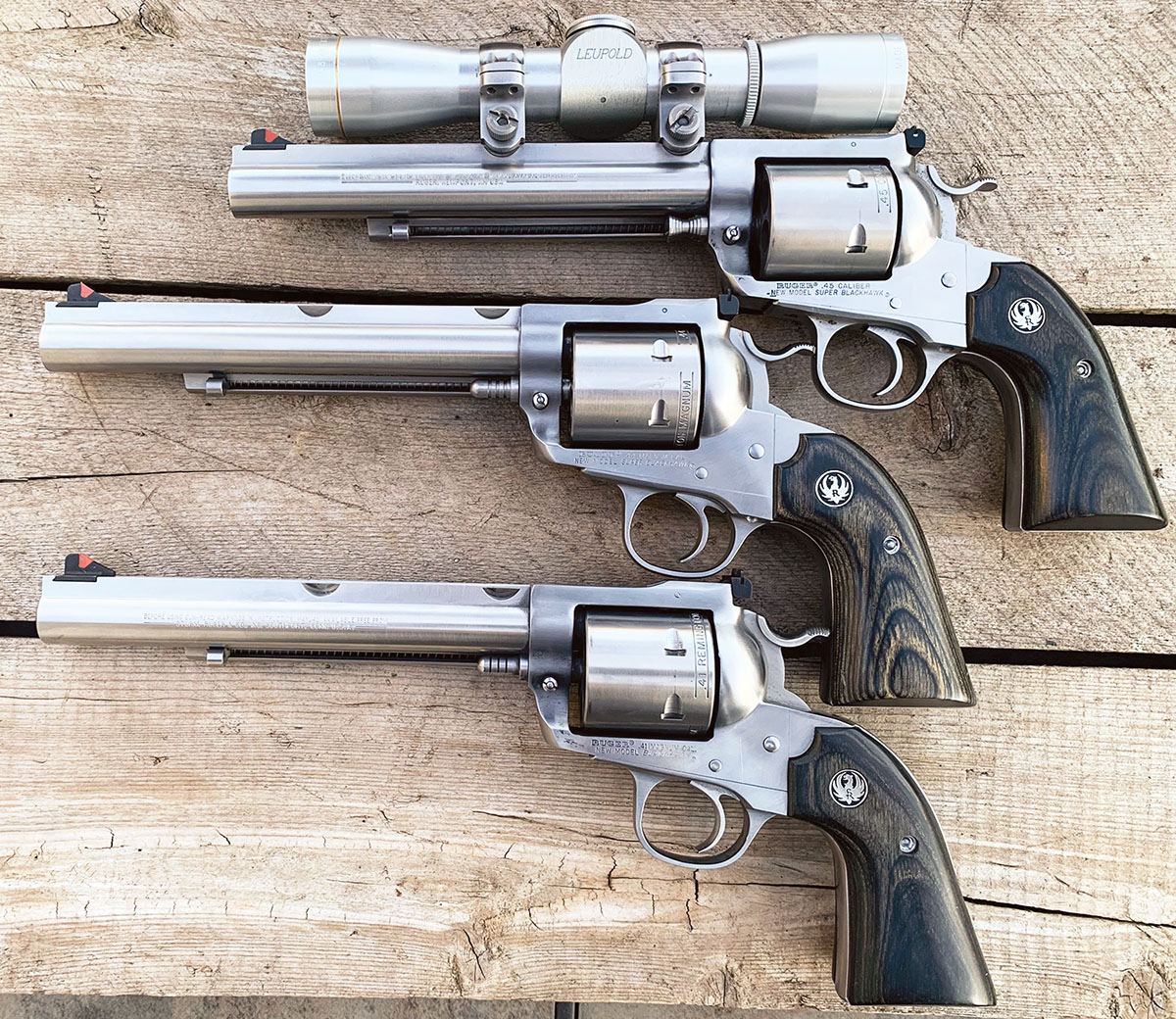 A Bisley Hunter lineup  (top to bottom): 45 Colt,  44 Magnum and 41 Magnum.